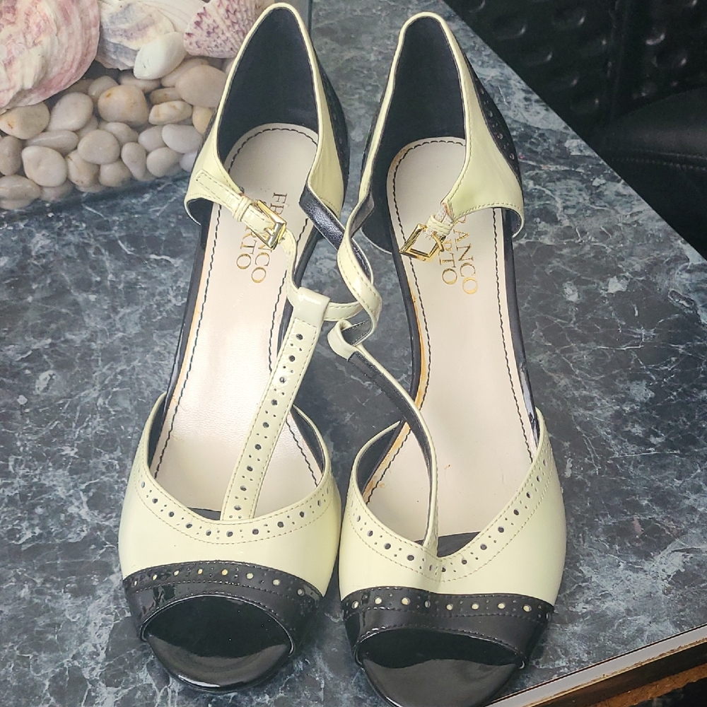Franco Sarto Black and Cream Heels with Classic Design In A Good Condition